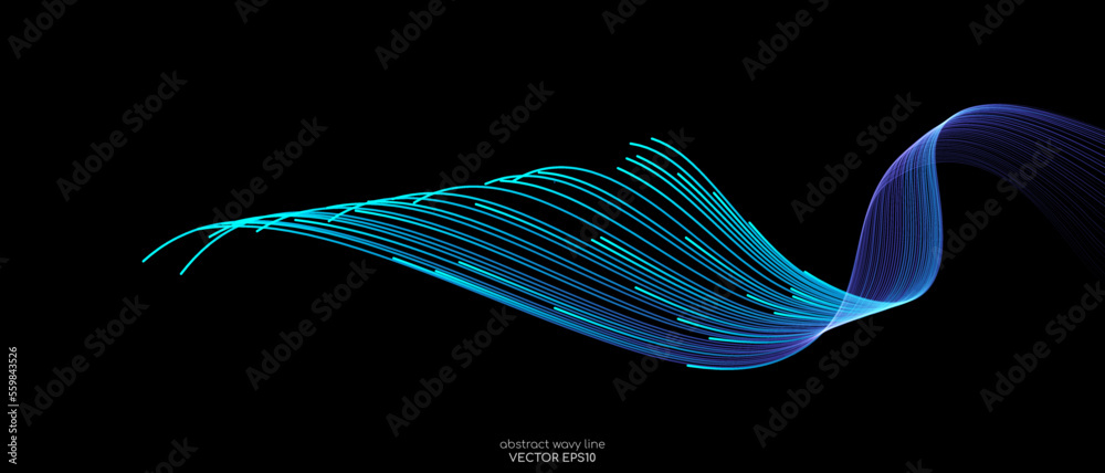 Vector abstract light lines wavy flowing dynamic in blue green colors ...
