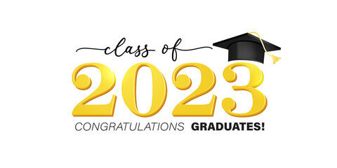 Class of 2023. Congratulation graduates flat style design template with cap and lettering. Gold graduation typography vector illustration for ceremony, party, greeting card, invitation etc.