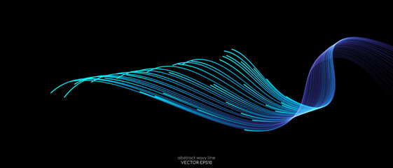 Poster - Vector abstract light lines wavy flowing dynamic in blue green colors isolated on black background for concept of AI technology, digital, communication, 5G, science, music