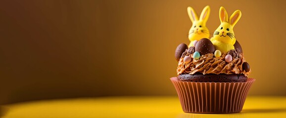 Wall Mural - easter cupcake with yellow bunnies. Generative AI picture.