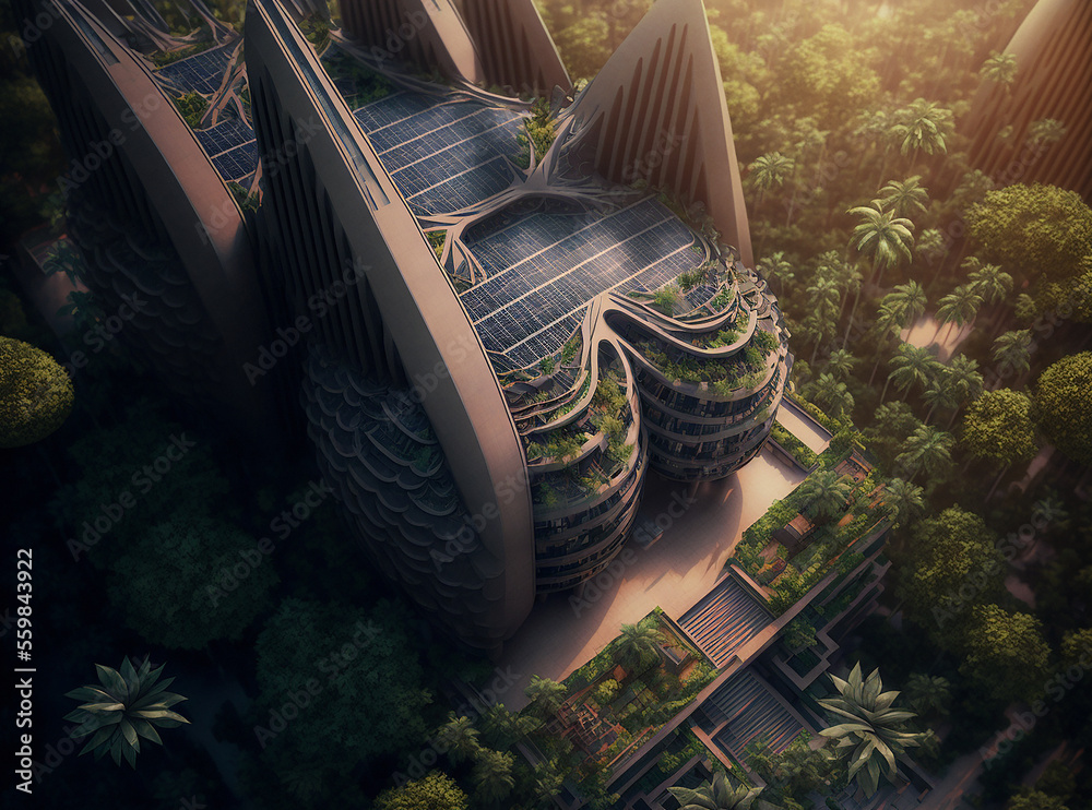 Generative AI illustration of futuristic building with solar panels and ...