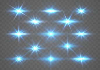 Poster - Glowing lights star, sun rays, luminous sparks sparkle. Blue glow star burst. Flare magic explosion light. Bright glitter glare bokeh. Set of transparent effect stars. Neon flare. Vector