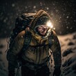Man Hiking in Snow, Snowstorm Winter. Adventurer trekking in deep snow with headtorch and backpack, mountain snow adventure trek, man with beard