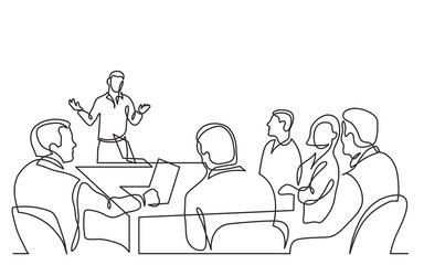 Poster - diverse office workers ask questions to presentation speaker in meeting room continuous line drawing
