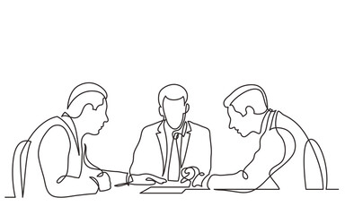 Sticker - three businessmen discuss details of business deal during metting continuous line drawing PNG image with transparent background