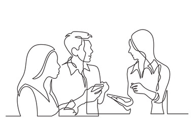 Sticker - three diverse young professionals holding smartphones discussing work as team continuous line drawing PNG image with transparent background