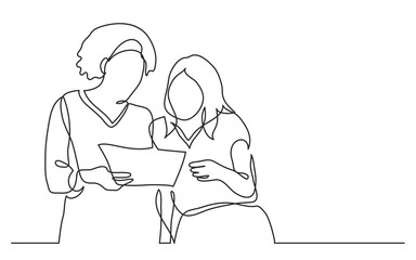 Poster - two diverse team members discuss work project on paper during metting continuous line drawing png im
