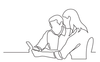 Poster - two young professionals discussing project as team on tablet continuous line drawing png image with 