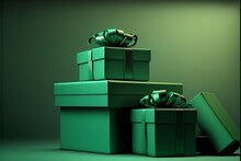 Green Gift Boxes With Bows, Green Background. Digital Illustration AI