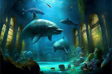 Wall Mural - A kid looking at a big fish in a huge aquarium, generative ia