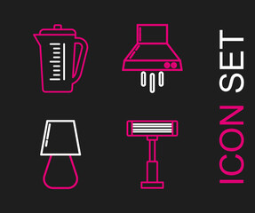 Sticker - Set line Electric heater, Table lamp, Kitchen extractor fan and Measuring cup icon. Vector