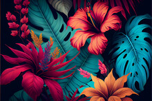 Tropical Hawaiian Pattern With Hibiscus Flowers And Lush Vegetation Ideal For Exotic Backgrounds, Generative AI