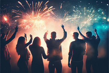Sticker - young people silhouette dancing at a party with fireworks, ideal for backgrounds, generative ia