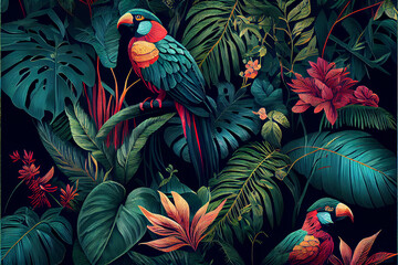 Tropical exotic pattern with parrots and flowers in bright colors, generative AI