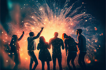 Sticker - young people silhouette dancing at a party with fireworks, ideal for backgrounds, generative ia