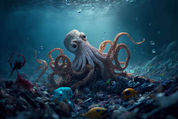 octopus on the ocean floor among garbage and pollution, created by a neural network, Generative AI technology