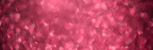 Viva Magenta, Pink Hearts, Sparkling Glitter Bokeh Panoramic Background Banner, Valentines Day Abstract Defocused Texture Header. Holiday Romantic Lights