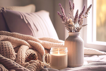 Wall Mural - Cozy winter morning at home with hot coffee, warm blanket, candle lights, heather lavender flowers