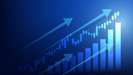 Economy and finance background concept. financial business statistics stock market candlesticks and bar chart with uptrend arrow