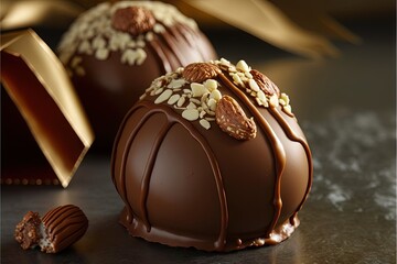  a chocolate covered dessert with nuts and chocolate on a table with a gold foiled edge and a book in the background with a gold ribbon around the edge of the chocolate is a piece. AI