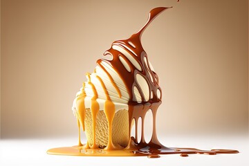 Sticker -  a cupcake with caramel sauce and ice cream on top of it with a spoon sticking out of it and drizzled with chocolate on the top of the cupcake and the cupcake.