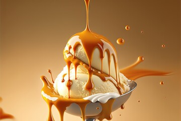 Poster - a scoop of ice cream with caramel sauce on top of it and a spoon full of ice cream on the side of it