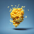 flying mac and cheese on blue background, created with Generative AI