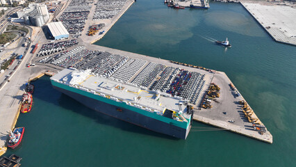 Aerial drone photo of international car terminal and Ro Ro boat terminal in Keratsini area, Piraeus, Attica, Greece