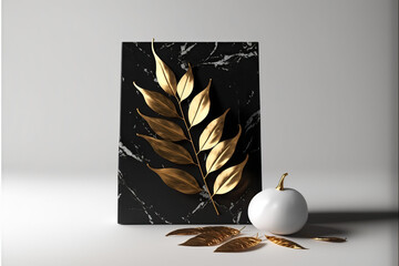 Black marble stone with golden fissure , and golden leaf