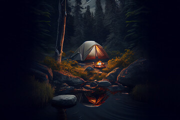 camping tent in the forest at night. generative ai