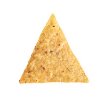 Isolated Tortilla Chip Or Nacho Chips. Top View Of One Yellow Triangle Corn Chip With Transparent Background. Mexican Salty Snack Used For Appetizer With Salsa, Tomato Sauce, Cheese Or Vegetables. 