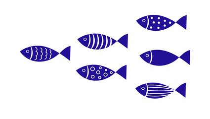 Wall Mural - blue fish colony. collection of abstract fish. sea life illustration.