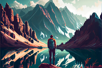 Wall Mural - Traveler hiker looking at the lake in the distance at the edge of a mountain cliff. Generative Ai illustration in vector style.