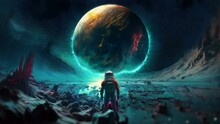 Astronaut Watches Destruction Of A Discovered Alien Planet In Space. Black Hole, Destructive Glowing Cosmic Matter. Cinematic Abstract Science Fiction Background Seamless Loop Video.