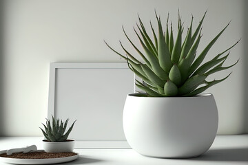 Canvas Print - A white table with a pot of aloe vera. in front. Text area, copy space, and mockup. Generative AI