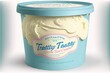 a tub of ice cream with a blue lid and a blue lid on it that says tastyy tastyy on the inside of the tub is a white frosting and blue lid.