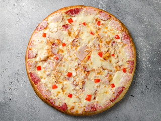 Wall Mural - Italian meat pizza with cheese on grey table top view