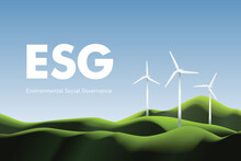 Landscape With Wind Turbines. Environmental Social Governance Illustration. Sustainable Growth, Solving Environmental, Social, And Corporate Management.
