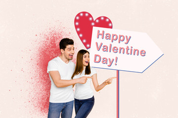 Poster - Photo collage cartoon comics sketch picture of happy excited couple pointing 14 february park billboard isolated drawing background