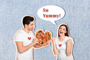 Canvas Print - Photo sketch collage graphics artwork picture of happy smiling guy making 14 february heart shape breakfast isolated drawing background