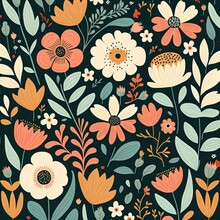 Wild Florals Blue Pink Green Yellow Golden Minimalist Boho Pattern Background AI Assisted Finalized In Photoshop By Me