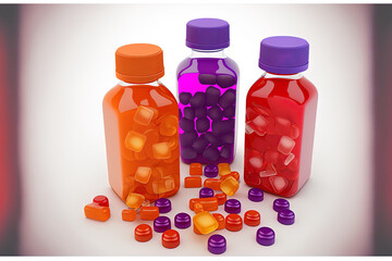 Sticker - Multivitamin gummies in a group of red, orange, and purple with the bottle isolated on a white background. Generative AI