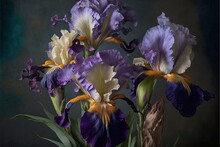  A Vase Filled With Purple And Yellow Flowers On A Table Top Next To A Wall With A Black Background Behind It And A Brown Vase With Purple And White Flowers In The Middle Of The. Generative AI