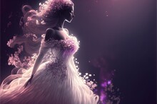  A Woman In A White Dress With Flowers On Her Hair And A Purple Background With Stars And Bubbles In The Air And A Pink Light Shining In The Air Above Her Head, A Pink.