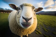  A Sheep With A White Face And A Black Nose Standing In A Field Of Grass With Other Sheep In The Background And A Blue Sky With Clouds And Blue Sky With White Clouds And Blue. Generative AI