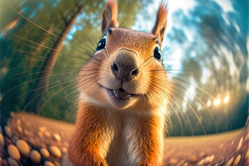 Wall Mural -  a squirrel is smiling and standing in front of a mirror with its mouth open and eyes wide open, with trees in the background, and a blue sky with white clouds and blue sky. Generative AI