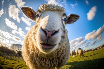 Poster -  a sheep with a braid on its head looking at the camera with a sky background and clouds in the sky above it, with a few sheep in the foreground, and a few. Generative AI