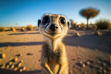  A Meerkat Standing On Its Hind Legs In The Desert Looking At The Camera With A Smile On Its Face And A Blue Sky Background With A Few Trees And A Few Bushes And A Few.