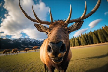 Poster -  a deer with large horns standing in a field with other animals in the background and a sky with clouds and blue sky with white clouds and a few clouds, with a few, with a. Generative AI