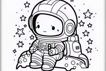 Wall Mural - Cute astronaut coloring sheet for kids perched on a star. Generative AI